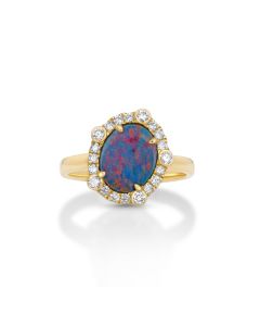 1.73 Cts Australian Opal Doublet and White Diamond Ring in 14K Yellow Gold
