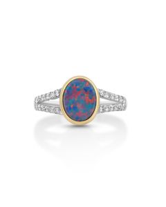 1.33 Cts Austrlian Opal Doublet and White Diamond Ring in 14K Two Tone