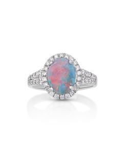1.82 Cts Australian Opal Doublet and White Diamond Ring in 14K White Gold