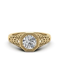 1.00 DEW Round White Moissanite Ring in 14K Yellow Gold