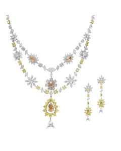 64.60 Cts Multi Color Diamond Vintage Necklace and Earring Set in 18K Two Tone Gold