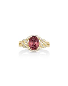 2.25 Cts Red Zircon and White Diamond Ring in 14K Yellow Gold