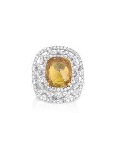 3.94 Cts Yellow Sapphire and White Diamond Ring in 18K Two Tone