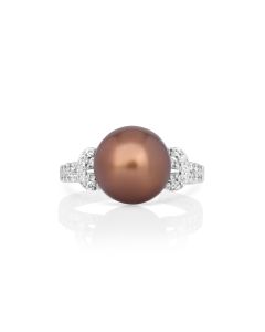 10 mm Tahitian Pearl and White Diamond Ring in 14K White Gold