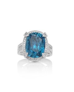 21.65 Cts Blue Zircon and White Diamond Ring in 14K White Gold