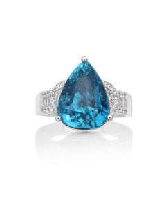 14.2 Cts Blue Zircon and White Diamond Ring in 14K White Gold