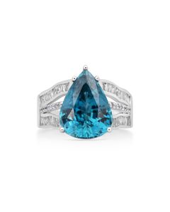 10.9 Cts Blue Zircon and White Diamond Ring in 14K White Gold