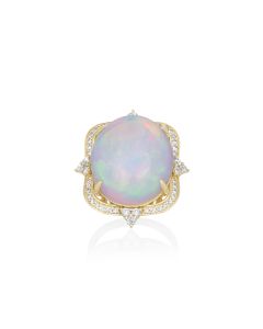 19.77 Cts White Opal and White Diamond Ring in 14K Yellow Gold