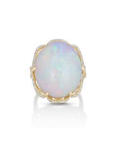 20.25 Cts White Opal and White Diamond Ring in 14K Yellow Gold