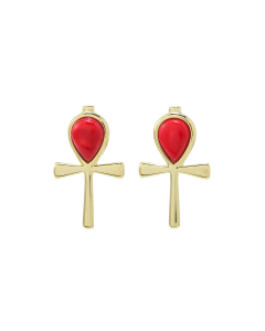1.32 Cts Red Coral Egyptian Ankh Cross Earring in 18K Gold Plated 925 Silver