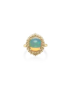 3.00 Cts White Opal and White Diamond Center Design Ring in 14K Yellow Gold
