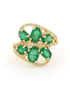 3.10 Cts Emerald and White Diamond Ring in Yellow Gold Plated Sterling Silver