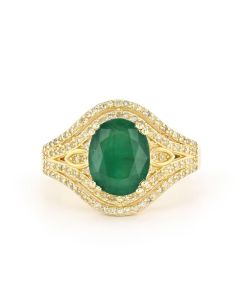 2.44 Cts Emerald and White Diamond Ring in Yellow Gold Plated Sterling Silver
