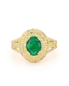 1.68 Cts Emerald and White Diamond Ring in Yellow Gold Plated Sterling Silver