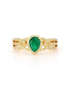 0.71 Cts Emerald and White Diamond Ring in Yellow Gold Plated Sterling Silver