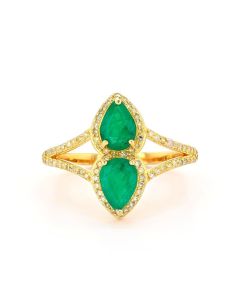 1.10 Cts Emerald and White Diamond Ring in Yellow Gold Plated Sterling Silver