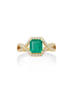 1.5 Cts Emerald and White Diamond Ring in 14K Yellow Gold