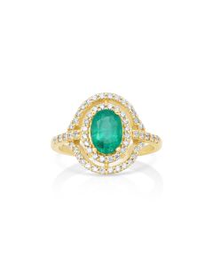 1.14 Cts Emerald and White Diamond Ring in 14K Yellow Gold