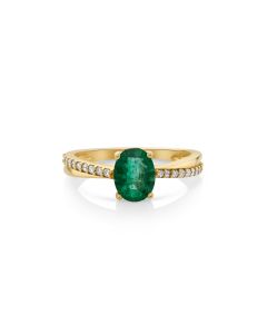 1.08 Cts Emerald and White Diamond Ring in 14K Yellow Gold