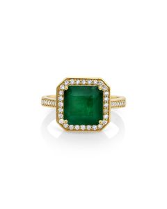 3.72 Cts Emerald and White Diamond Ring in 14K Yellow Gold
