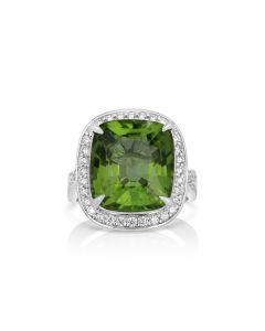 10.67 Cts Peridot and White Diamond Ring in 14K White Gold