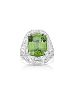 9.21 Cts Peridot and White Diamond Ring in 14K White Gold