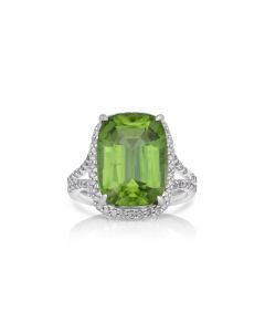 11.31 Cts Peridot and White Diamond Ring in 14K White Gold