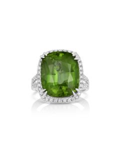 13.73 Cts Peridot and White Diamond Ring in 14K White Gold