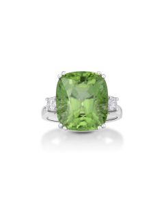 12.98 Cts Peridot and White Diamond Ring in 14K White Gold