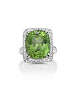 13.93 Cts Peridot and White Diamond Ring in 14K White Gold