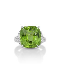 12.94 Cts Peridot and White Diamond Ring in 14K White Gold