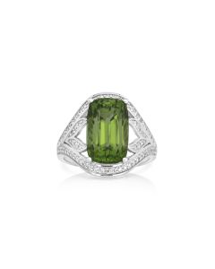 6.84 Cts Peridot and White Diamond Ring in 14K White Gold