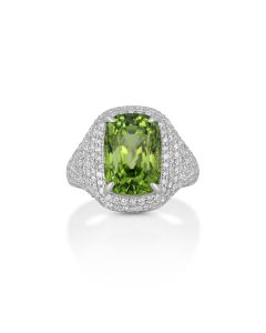7.34 Cts Peridot and White Diamond Ring in 14K White Gold