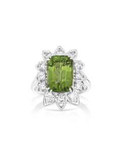 6.33 Cts Peridot and White Diamond Ring in 14K White Gold