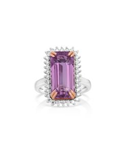 10.37 Cts Kunzite and White Diamond Ring in 14K Two Tone
