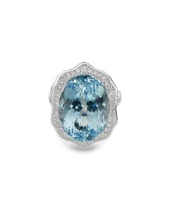 16.48 Cts Aquamarine and White Diamond Ring in 14K White Gold
