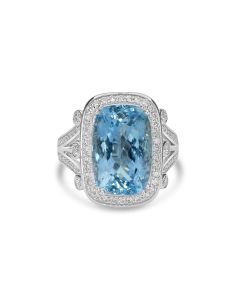 7.06 Cts Aquamarine and White Diamond Ring in 14K White Gold