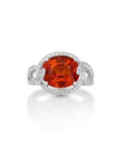 6.89 Cts Spessartite and White Diamond Ring in 14K White Gold