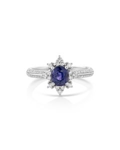 1.21 Cts Blue Sapphire and White Diamond Ring in 14K White Gold