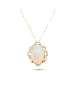 3.55 Cts White Opal and White Diamond Pendant in 14K Yellow Gold