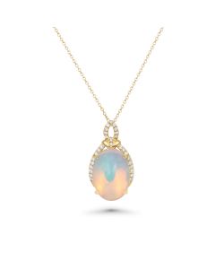 3.77 Cts White Opal and White Diamond Pendant in 14K Yellow Gold