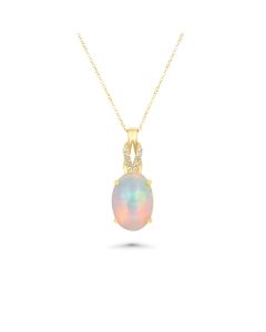 3.03 Cts White Opal and White Diamond Pendant in 14K Yellow Gold