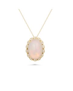 7.01 Cts White Opal and White Diamond Pendant in 14K Yellow Gold