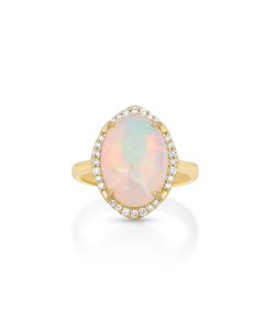 3.35 Cts Opal and White Diamond Ring in 14K Yellow Gold