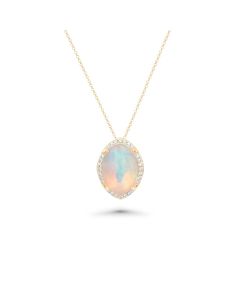 3.34 Cts White Opal and White Diamond Pendant in 14K Yellow Gold