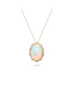 3.9 Cts White Opal and White Diamond Pendant in 14K Yellow Gold
