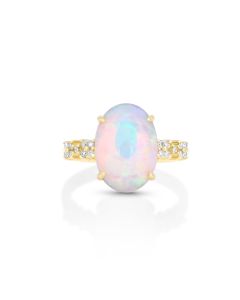 3.42 Cts Opal and White Diamond Ring in 14K Yellow Gold