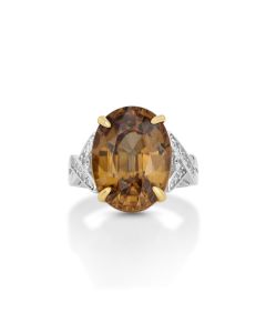 15.3 Cts Yellow Zircon and White Diamond Ring in 14K Two Tone