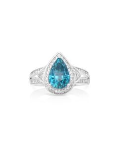 5.8 Cts Blue Zircon and White Diamond Ring in 14K White Gold
