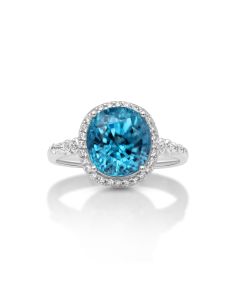 7.11 Cts Blue Zircon and White Diamond Ring in 14K White Gold